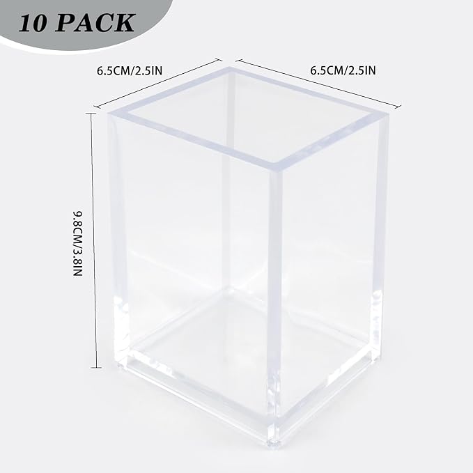 10 Pack Clear Acrylic Pen Holders For Desk, Pencil Cup Makeup Brush Holders | Square Acrylic Pen Cups For Pens, Markers And Makeup Brushes; Desktop Organizer For Office, School, Home And Vanity Supplies