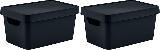 Simplify Small Vinto Storage Box | Click Tight Lid | Dimensions: 9.76" x 6.69" x 4.84" | Stackable | Home Organization | 2 Handles | Black (Pack of 2)