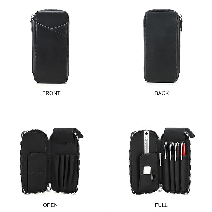 CONTACTS Full Grain Leather Pencil Case Handmade Vintage Zipper Pen Holder Pouch with Card Slot Pens Organizer Pockets Stationery Bag for Men and Women (Black)