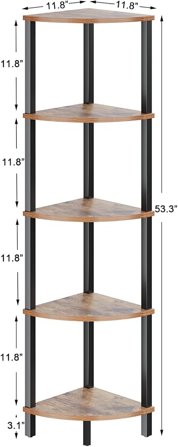 VIMBER Corner Shelf, 5-Tier Corner Bookshelf, Industrial Corner Ladder Shelf, Rustic Display Shelf for Living Room, Bedroom, Kitchen, Home Office, Rustic Brown and Black UJSJ001H
