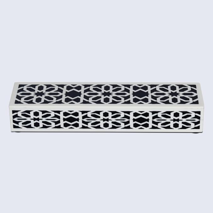 Handicrafts Home Decorative Storage Box with Lid, Black White Shiraz Geometric Pattern Remote Holder, Slim Coffee Table Box, Persian Rosette Lattice Organizer for Shelf & Desk, Shiraz 10x2.5x1.5