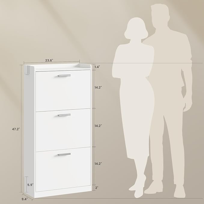 Shoe Cabinet Organizer with 3 Flip Drawers & 3-Tier Adjustable Shelves, Freestanding Shoe Rack Cabinet, Narrow Shoe Storage for Entryway, Foyer, Hallway, 23.6" W × 8.7" D × 47.2" H, White