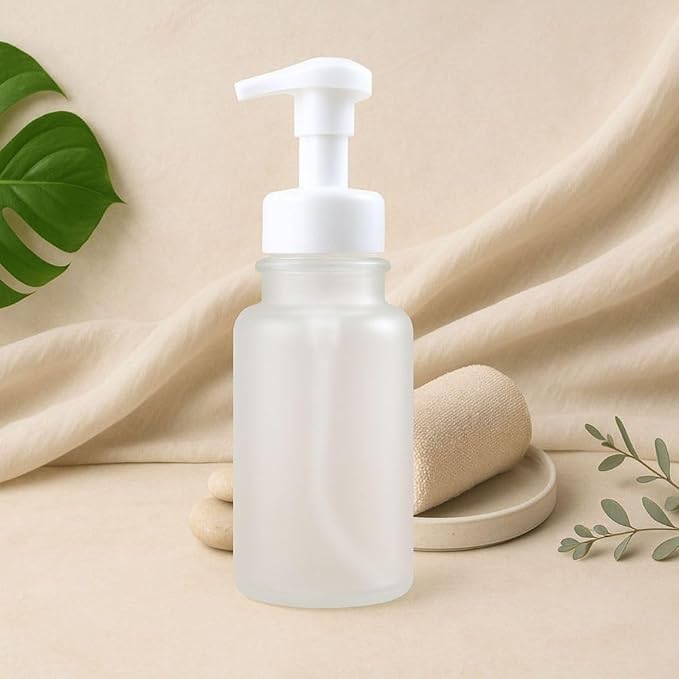 14 oz Plastic Foaming Soap Bottle Dispenser (Clear/White) | frosted finish, wide opening, easy refills, for foam soap, thick plastic