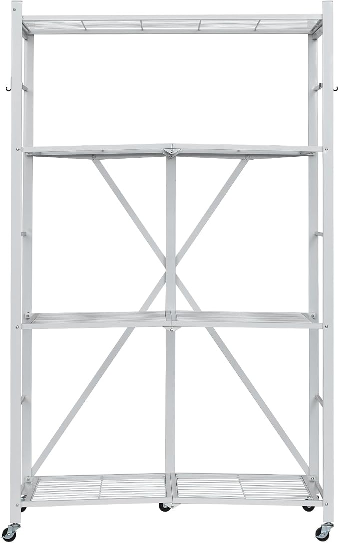 VEVOR 4-Tier Foldable Storage Shelf, 36W x 21D x 60 H Inch Folding Metal Rack Shelving Unit, No Assembly Organizer Shelf with 5 Wheels & 4 Hooks for Pantry, Kitchen, Garage, Basement, White