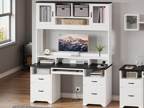 Bestier 77.8" H Computer Desk with Hutch, Charging Station, LED Light,White | Modern Wood Executive Desk with Drawers, Fluted Storage Cabinet, Keyboard Tray, 59" W Office Desk for Home Office