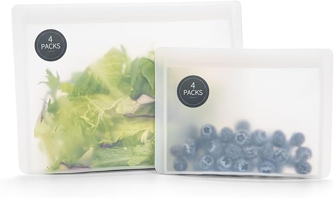 Reusable Sandwich Bags & Snack Bags Set, 8 Pack, 100% Silicone Reusable Storage Bag, Zip Lock Bags Silicone Food Storage Containers, Freezer Microwave Oven Dishwasher Safe, Translucent