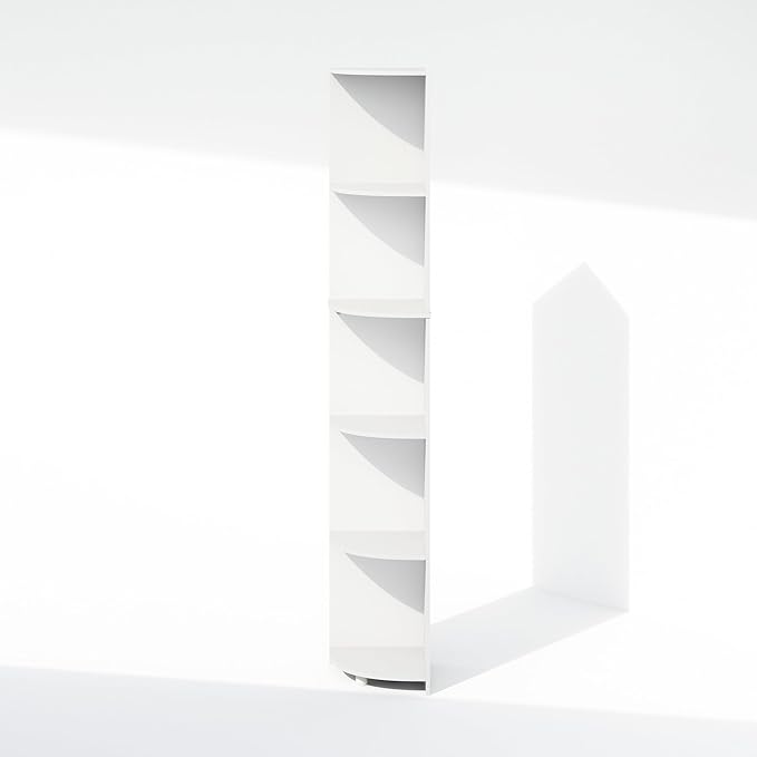 Furinno Basic Book Shelf, 5-Tier Bookshelf, Bookcase with Multipurpose Corner Shelf, 12 x 12 x 70.8, for Living Room, Bedroom, Home Office, White