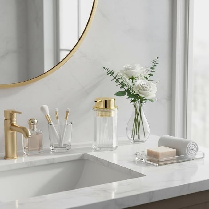 Foaming Soap Dispenser, Bathroom Clear Glass Foam Soap Dispenser, Refillable 12 Oz Foam Pump Bottle Container with Gold Pump, Decorative Slim Ribbed Dish Soap Dispenser for Kitchen