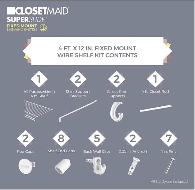 ClosetMaid SuperSlide Ventilated Shelf Kit with Closet Rod, 6" H x 48" W x 12" D, White, 2-Pack