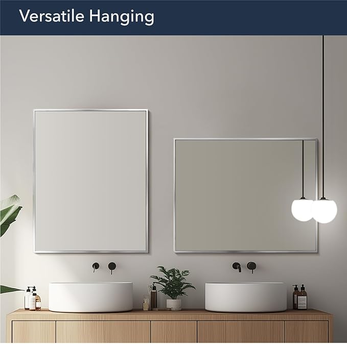 Head West Spectrum Modern Rectangular Mirror, Chrome Finished Stainless Steel Framed Bathroom Mirrors for Over Sink & Living Room, Hallway, and Entry Way - 24" x 30"