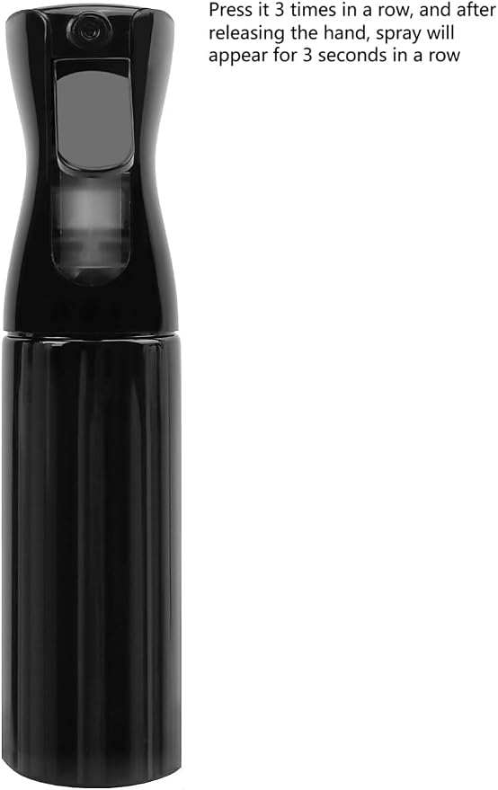 Spray Bottle for Hair (10.1oz/300ml) - 2 Seconds of Mist - Empty Ultra Fine Plastic Water Sprayer, For Hairstyling, Cleaning, Salons, Plants, Essential Oil Scents & More - Black，Press it 3 times