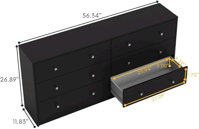 Furnifact Black Dresser for Bedroom – Modern 6 Drawer Dresser with Spacious Storage for Clothes and Essentials