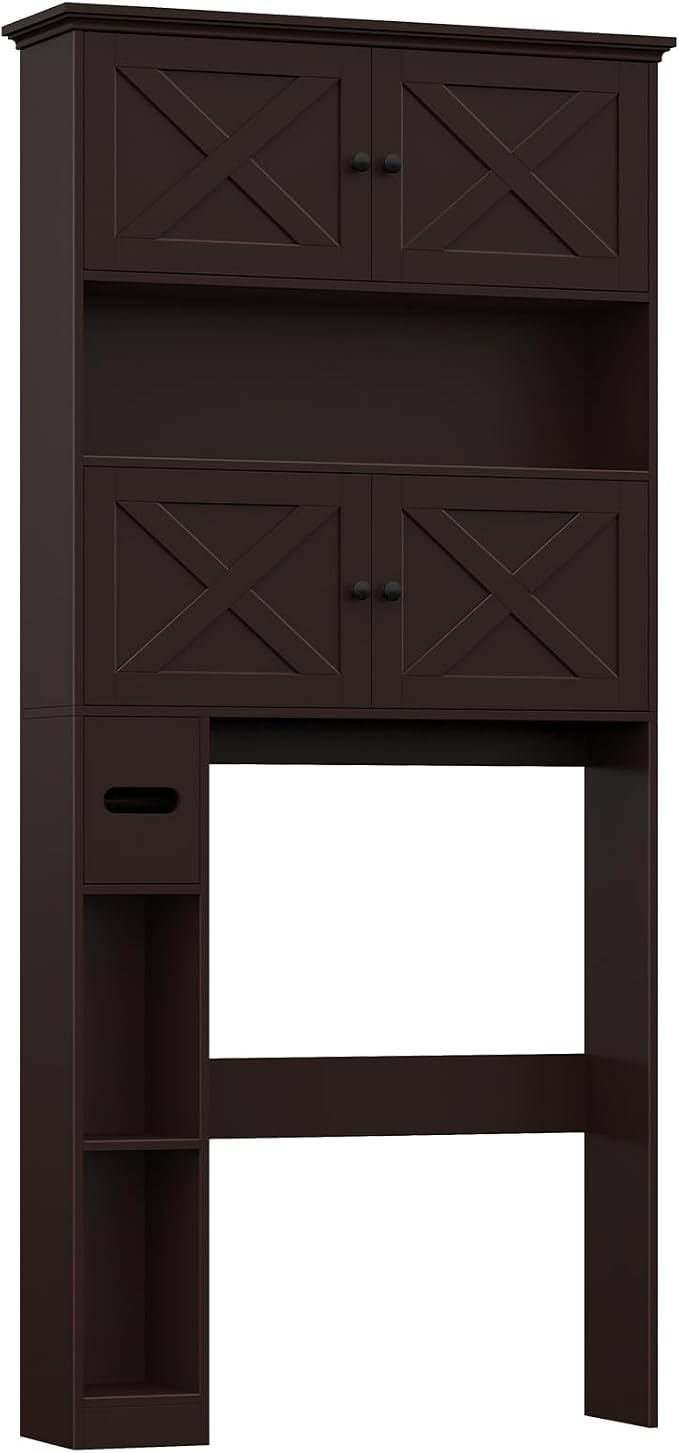 Halitaa Over The Toilet Storage Cabinet with Doors & Paper Holder, Espresso | Halitaa Farmhouse Toilet Shelf Home Space Saver with 4 Barn Doors & Toilet Paper Holder Stand for Restroom, Bathroom, Laundry