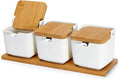 Lucky Goddness Set of 3 Porcelain Sugar Bowl, 8.8 fl oz Condiment Pots with Spoons Bamboo Flip Lids Labels, Spice Salt Tray Serving for Home Kitchen