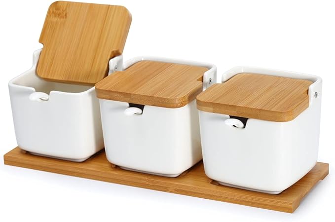 Lucky Goddness Set of 3 Porcelain Sugar Bowl, 8.8 fl oz Condiment Pots with Spoons Bamboo Flip Lids Labels, Spice Salt Tray Serving for Home Kitchen