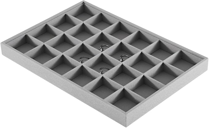 Linen 24 Grid Stackable Rings Earrings Display Tray, Brooch Ear Stud Cufflinks StorageTray, Jeweler Shop Counter Showcase Table Top Organizers, Makeup Table Drawer Insert Jewelry Tray
