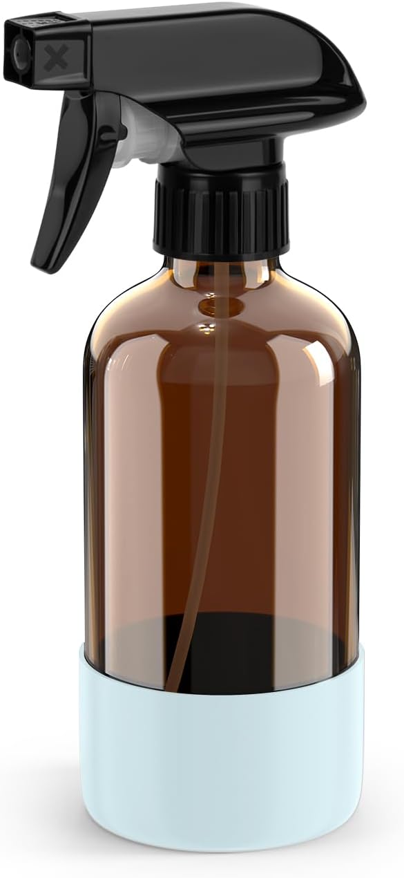 Bontip Amber Glass Spray Bottle with Silicone Sleeve Protection, 8 oz Refillable Spray Bottles for Cleaning Solutions, Plants, Aromatherapy, Facial Hydration (1, Blue, 8 oz)