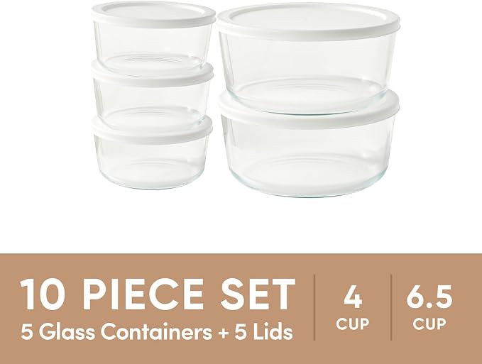 10-Piece Glass Food Storage Containers Set (5 Containers + 5 BPA-Free Lids) | 4-Cup & 6.5-Cup, Leakproof | Microwave, Freezer, Oven & Dishwasher Safe | Ideal for Meal Prep & Pantry Organization, White