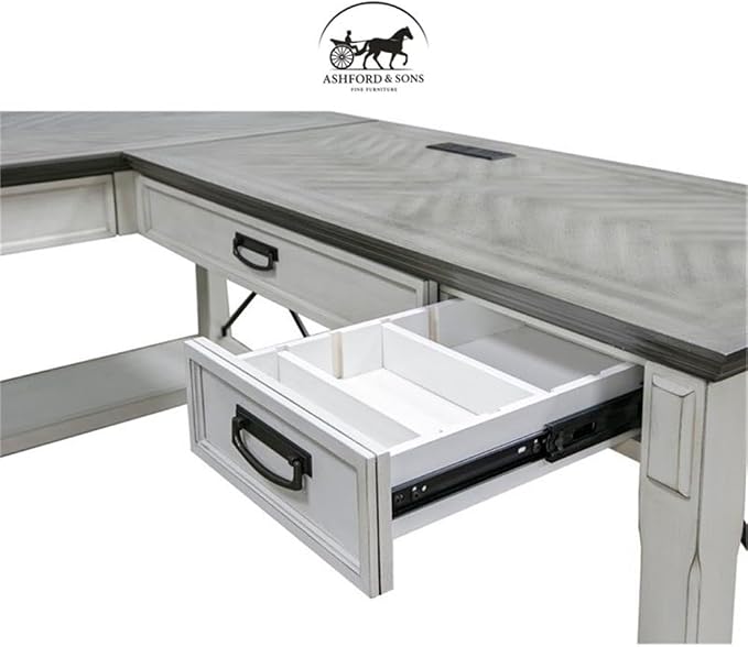 Ashford & Sons Contemporary Wood L-Shaped Desk, 60"W x 28"D x 31"H, Weathered White Finish, Drop-Front Keyboard Drawer, Utility Drawers, Ergonomic Workspace, Durable Home Office Desk for Storage and