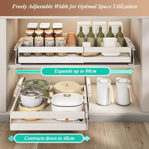 2 Pack Pull-Out Cabinet Organizer, Expandable Sliding Storage Basket Shelf, Multi-Purpose Slide-Out Stacking Solution for Kitchen, Pantry, Bathroom, Bedroom, Garage