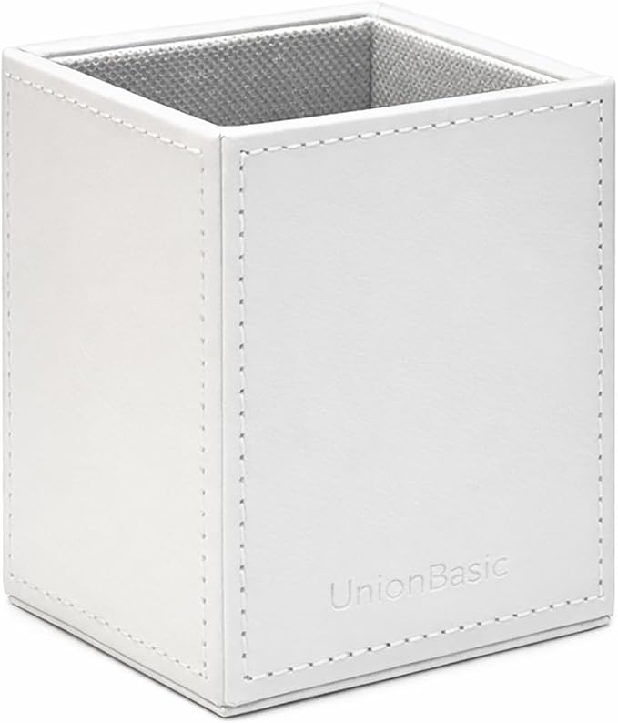 UnionBasic Square Pen Holder, Leather Pencil Cup, Desktop Caddy Stationery Organizer, White
