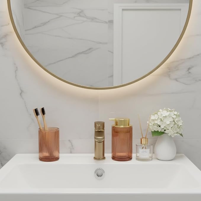 Foaming Soap Dispenser, 12 Oz Brown Glass Foam Soap Dispenser, Refillable Foam Pump Bottle Container Decorative Slim Ribbed Bottle for Bathroom and Kitchen Countertop