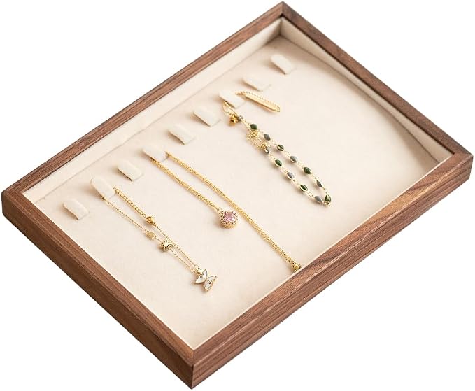 9 Grid Black Walnut Wood Jewelry Tray with Velvet Lining, Stackable Jewelry Organizer for Necklace, Bracelet & Pendant Storage, Premium Elegant Jewelry Drawer Organizer for Women