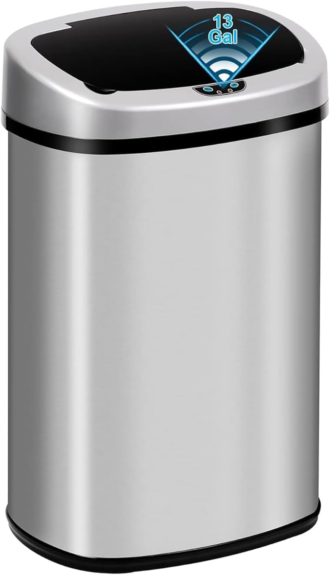 Bigacc Kitchen Trash Can | Stainless Steel 13 Gallon Trash Can | 50L Touch Free Garbage Can with Lid | Electronic Sensor High Capacity Trash Bin for Bathroom Kitchen Office, Silver