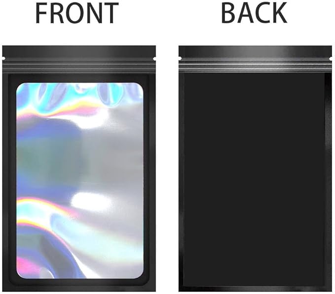 100 Pack Mylar Holographic Packaging Bags Resealable Candy Bags with Clear Window Foil Pouch Bag for Lipgloss, Jewelry, Sample Bag for Small Business (Black, 5.5x7.9 Inch)