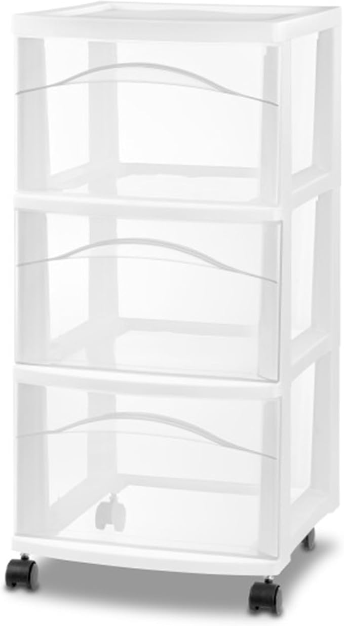 Sterilite 2 Pack 3 Drawer Storage Cart, Plastic Medium Organizer with Wheels, White - Multipurpose Bin for Crafts, Accessories, or Office Supplies