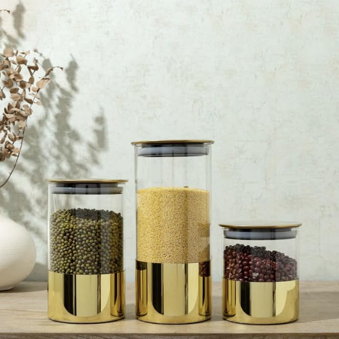 3-Piece Gold-Plated Storage Jars with Gold Lids - Elegant Kitchen Canister Set
