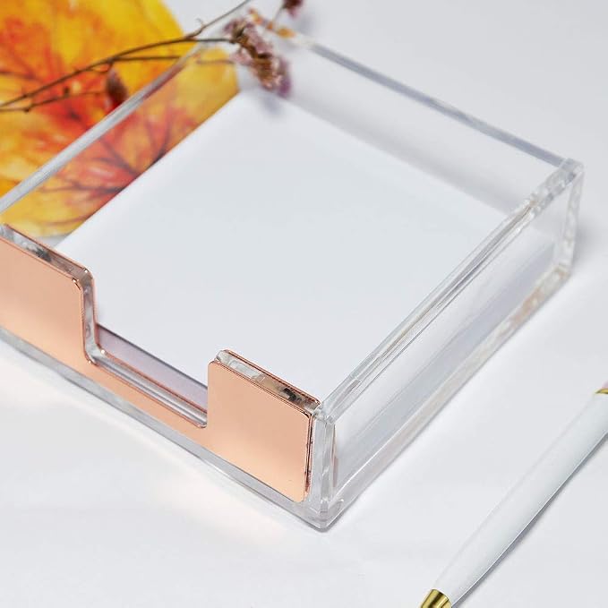 MultiBey Rose Gold Sticky Note Holder Clear Acrylic Memo Pad Dispenser | Clear Desk Supplies Organizer Accessories Post Note Pad Dispenser for Office Home Schools (Rose Gold)