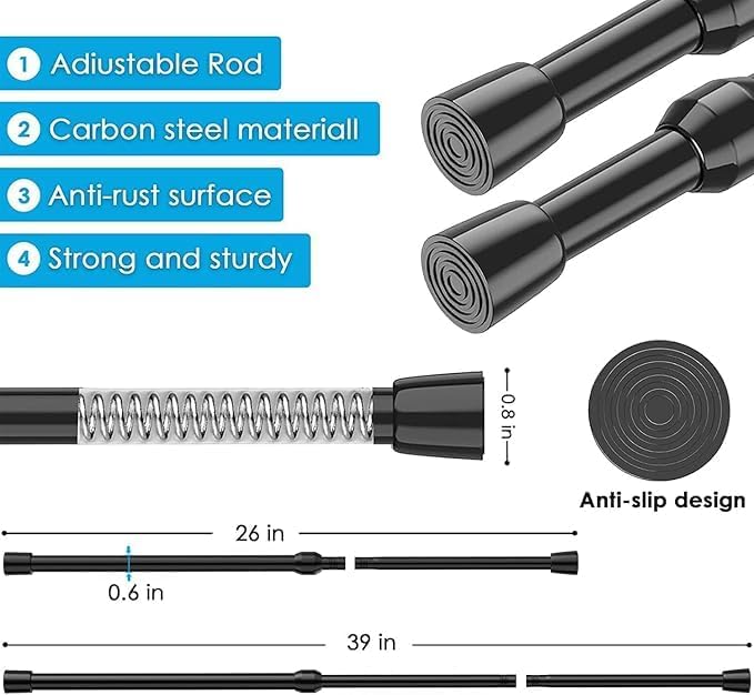 MEXAU 6Pcs Tension Curtain Rod 26-39 inch Spring Tension Rods Black Tension Rods Adjustable Spring Rod Extendable Tension Rod For Kitchen, Window, Bookshelf,Closet