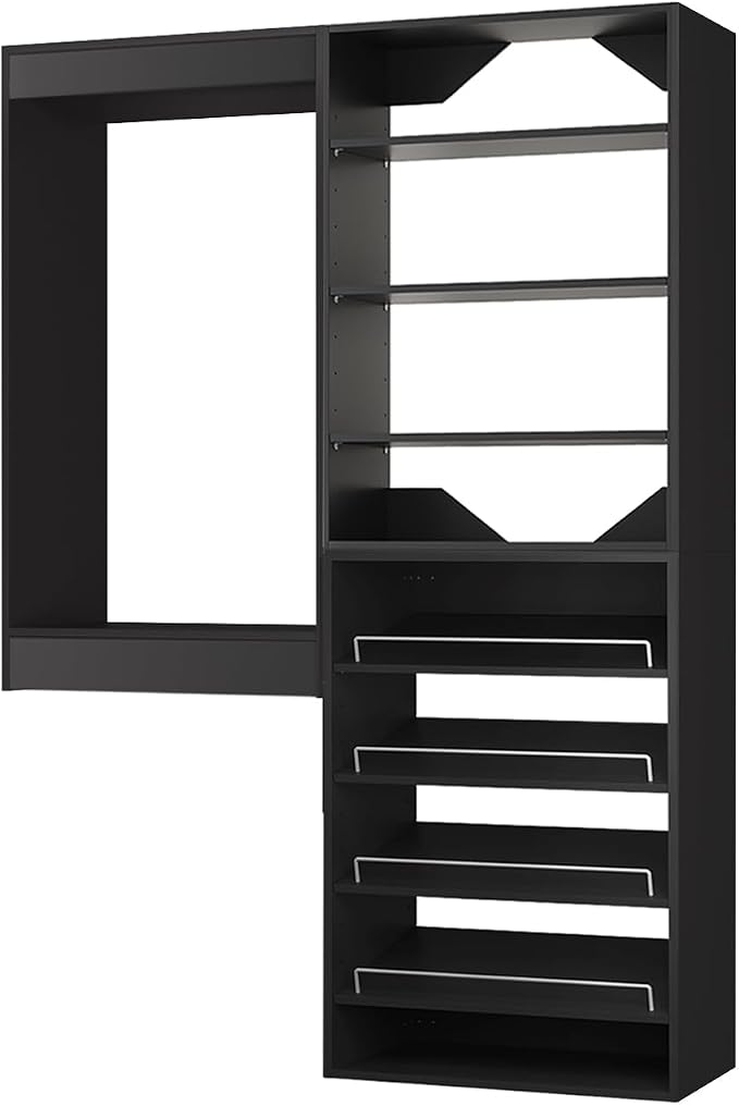 ROOMTEC Modular Closet System, 64" Wall Mounted Closet Organizer with Hanging Rods and Shoe Shelf, Wooden Tower for Walk-In Closets, Wardrobe Storage Kit, Black