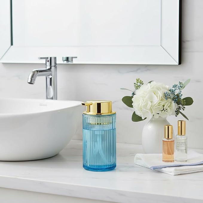 Foaming Soap Dispenser, 12 Oz Blue Glass Foam Hand Soap Dispenser, Refillable Lotion Soap Dispenser with Removable Pump for Kitchen Hand Wash Dispenser, Modern Slim Ribbed Bottle for Decor