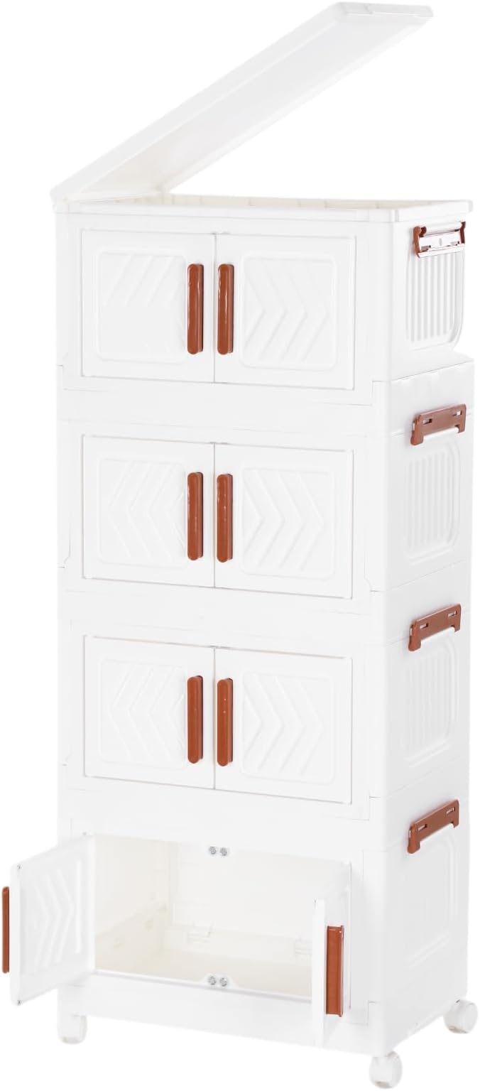 4 Tier Stackable Storage Bins with Lids & Magnetic Doors, Plastic Collapsible Storage Bins with Wheels Stackable Storage Containers Organizers Cabinet for Entryway