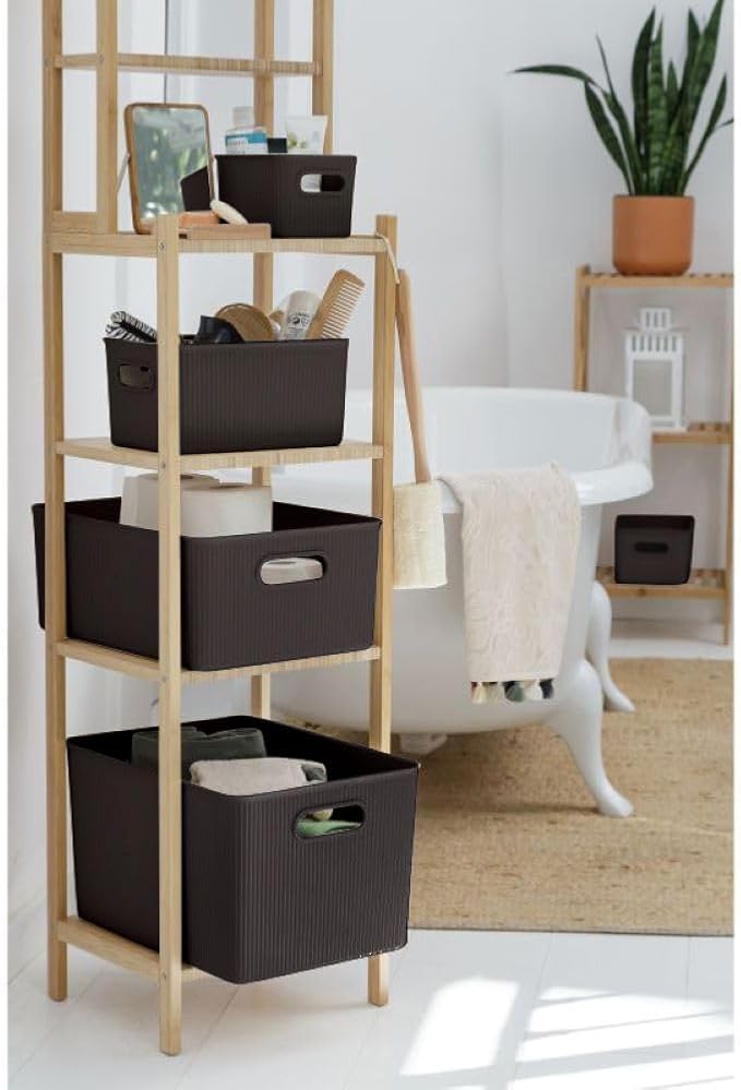 Decorative Plastic Basket Lidded Home Storage Bins Organizer Baskets, Large Brown (1 Pack - 15 Liter) Stackable Container Box, for Organizing Closet Storage Bins for Shelves - Ribbed Collection