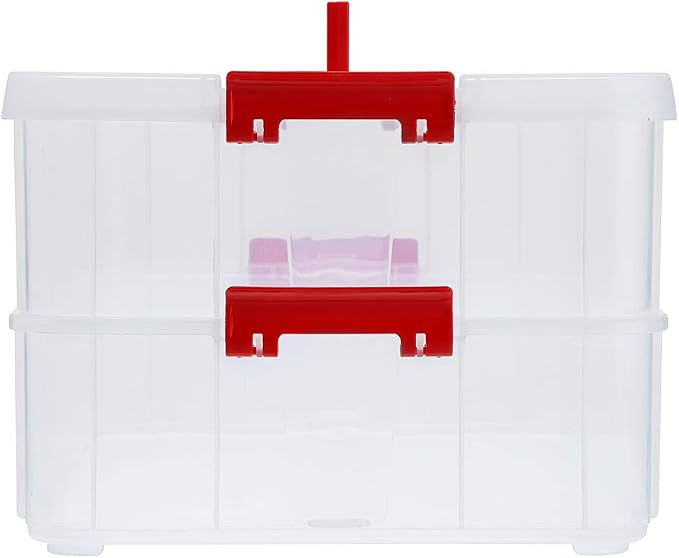 BTSKY 2 Layer Stack & Carry Box, Plastic Multipurpose Portable Storage Container Box Handled Organizer Storage Box for Organizing Stationery, Sewing, Art Craft, Jewelry and Beauty Supplies(Red)