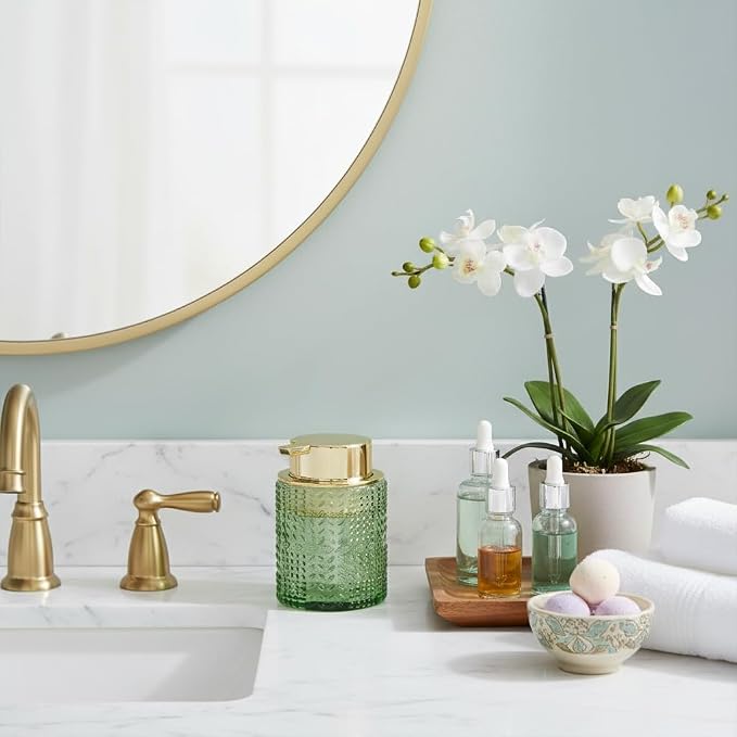 Foaming Soap Dispenser, 10 Oz Glass Foam Hand Soap Dispenser with Gold Pump, Refillable Bathroom Lotion Container Pump Bottle with Vintage Pattern, Green