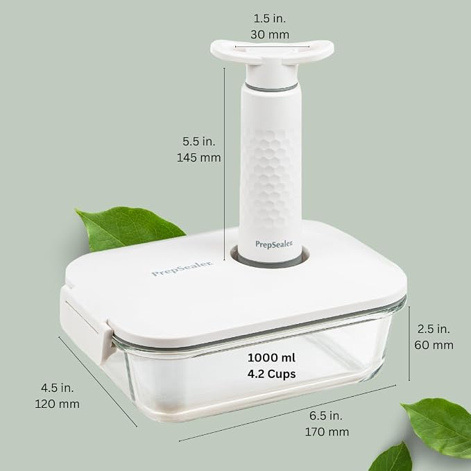 PrepSealer Food-Saving Glass Vacuum Container with manual hand pump. Everyday keep food fresh, Meal Prep, Marinade, Borosilicate Glass (PS-GVC-1L-Wh).