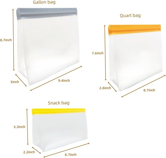 10 Pack Freezer Bags Dishwasher Safe, BPA-Free and Leakproof Reusable Gallon Bags for Marinate Meats Vegetables, Standing Up Design Reusable Food Storage Bags, 3 Gallon, 4 Sandwich, 3 Snack