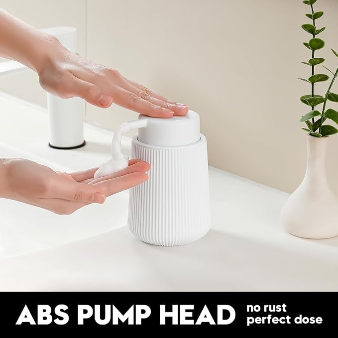 YAUKPH Striped Foaming Hand Soap Dispenser with Leak-Proof Pump for Bathroom and Kitchen Countertop 11oz White