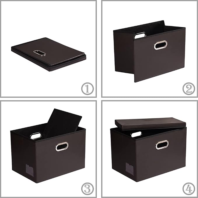 PRANDOM Collapsible Storage Bins with Lids [3-Pack] Leather Fabric Foldable Storage Boxes Organizer Containers Baskets Cube with Cover for Bedroom Closet Office Nursery Brown (14.9x10.8x10)