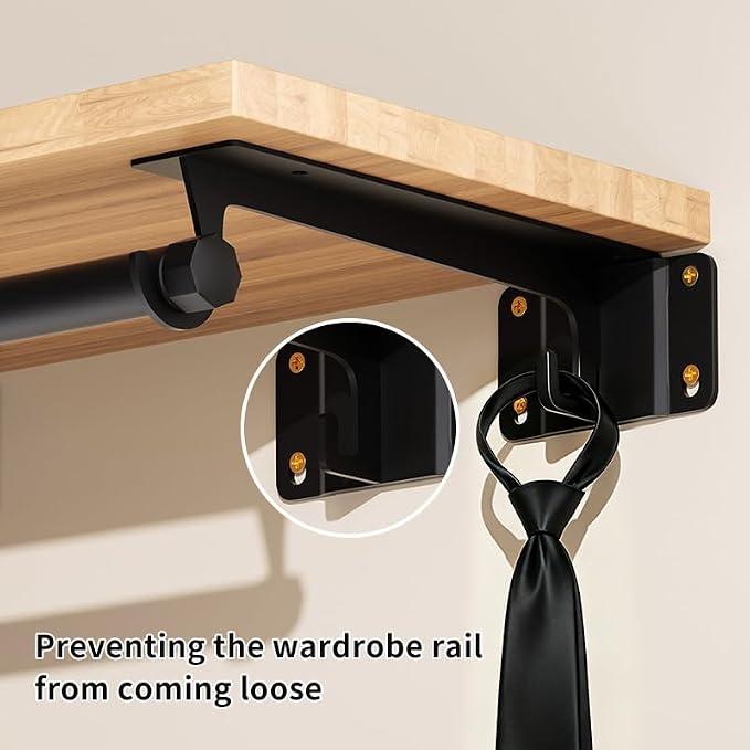 Heavy Duty Closet Rod Bracket with Closet Rod（11-47in Support 200lbs | L-Shaped Wall Mount Closet Shelf Brackets with Adjustable Hanging Rods Hanging Kit for Laundry Wardrobe Bathroom Kitchen