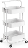 Pipishell 3 Tier Rolling Cart, Metal Utility Cart with Wheels and Handle, Rolling Storage Cart for Nursery Room, Living Room, Painting Room, Office and Kitchen, White