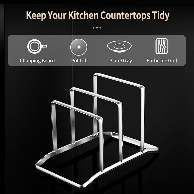 Pot Lid Holder and Cutting Board Organizer, Stainless Steel Kitchen Storage Rack for Lids and Boards, Space-Saving Cooling Rack Organizer for Countertop and Cabinet, Chopping
