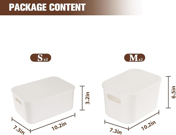 ANMINY 5PCS Plastic Storage Bins Containers with Lids, Large Storage Organization Bins Boxes, Lidded Plastic Storage Baskets for Closet Shelves Desktop, White Lids, 2M + 3S