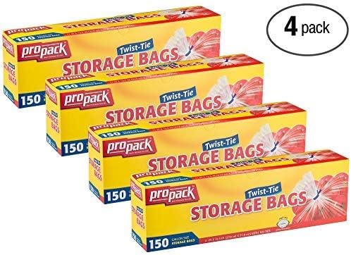 Disposable Plastic Storage Bags With Original Twist Tie, 1 Gallon Size, 600 Bags, Great For Home, Office, Vacation, Traveling, Sandwich, Fruits, Nuts, Cake, Cookies, Or Any Snacks (4 Packs)