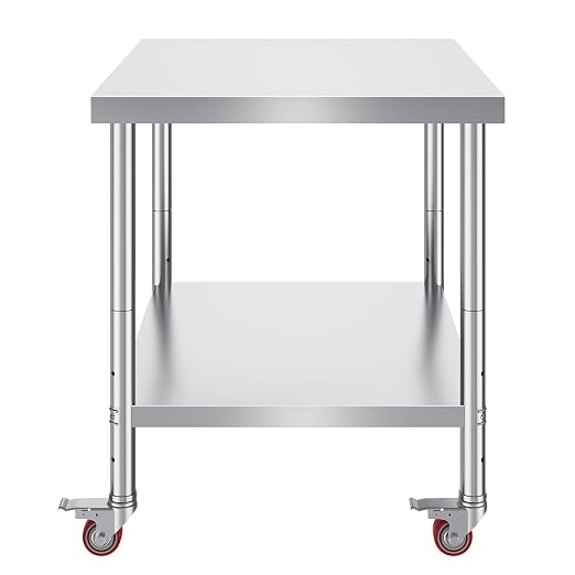 Vevor 30x36x34 Inch Stainless Steel Work Table 3-Stage Adjustable Shelf with 4 Wheels Heavy Duty Commercial Food Prep Worktable with Brake for Kitchen Prep Work