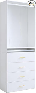 25.5" Closet Organizer Tower, White MDF Closet System with Adjustable Shelves and 4 Drawers, Wall-Mounted Wardrobe Storage Cabinet for Bedroom, Walk-In Closet and Dressing Room Storage